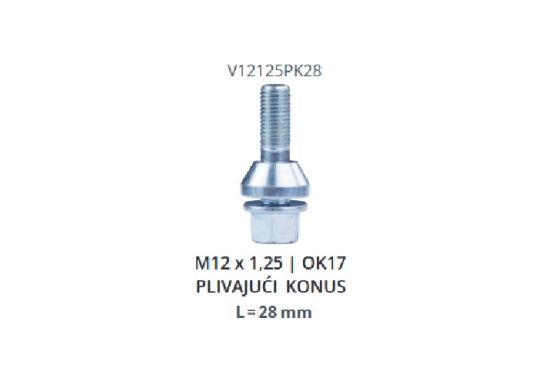 Zavrtanj točka M12x1.25x28 sa plivajućom konusnom podloškom ključ 17 V12125PK28