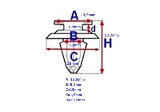 A=13,6mm  B=8,2mm  C=18mm  d=1,9mm  H=20,2mm